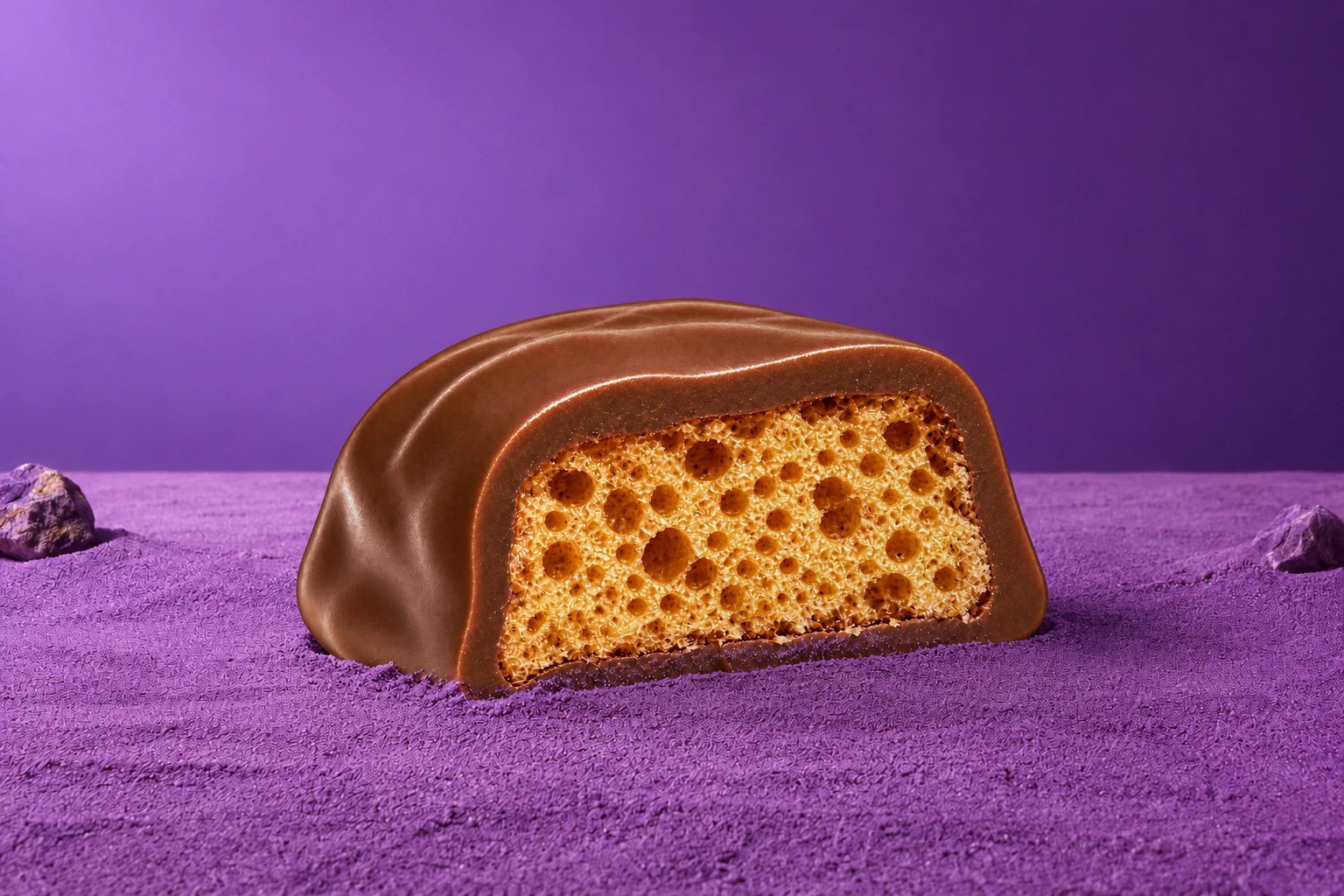 Chocolate-covered Moon Magic honeycomb bite on a purple background