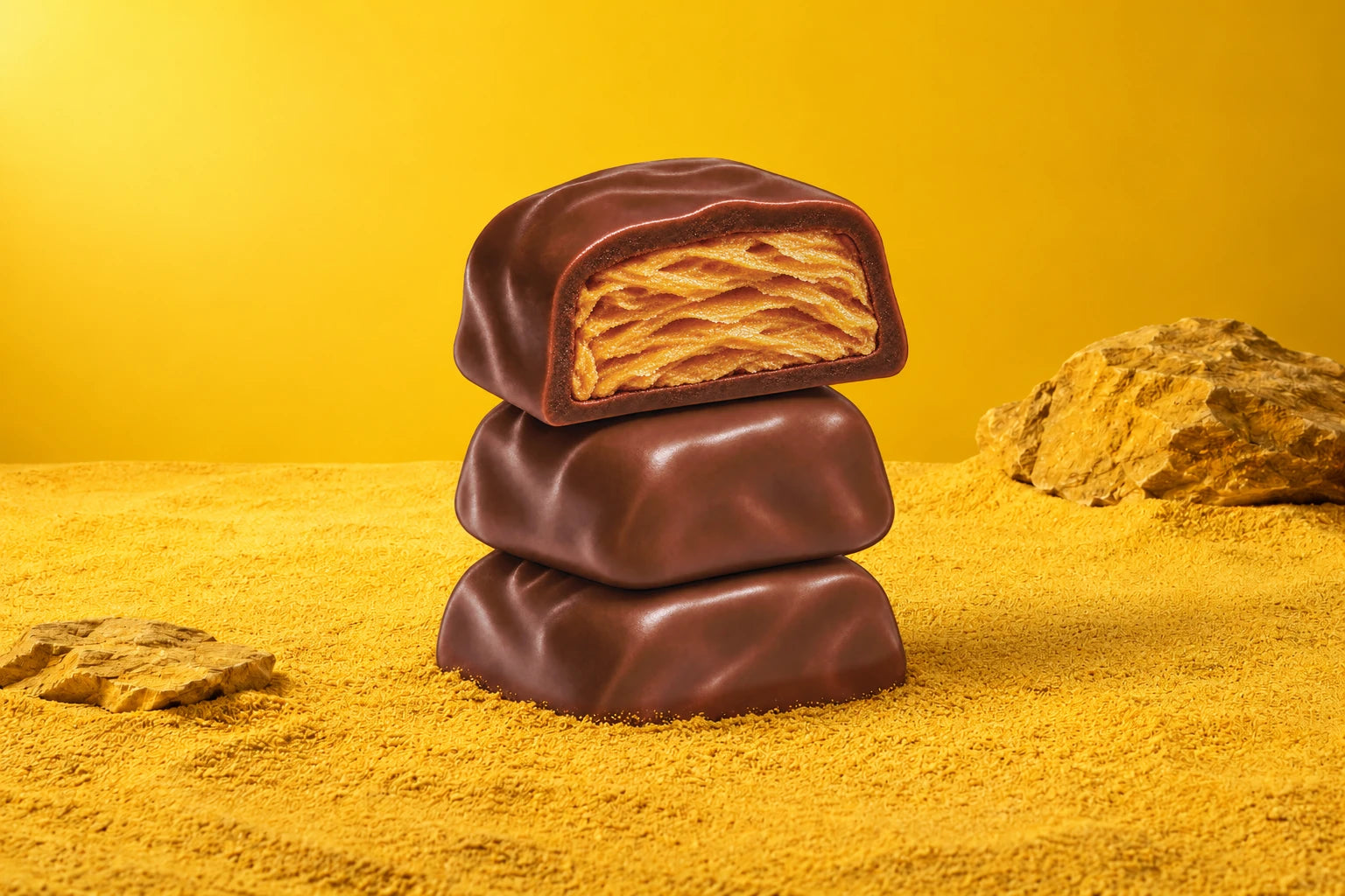 PB Crispy Comets chocolate stack on yellow sand